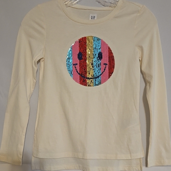GAP Kids Beige Long Sleeve Shirt with Sequin Smiley Face - Picture 1 of 8